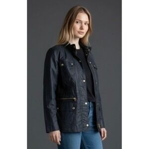 Tommy Hilfiger Women Navy Blue Waxed Cotton Utility Jacket XL Gold Hardware